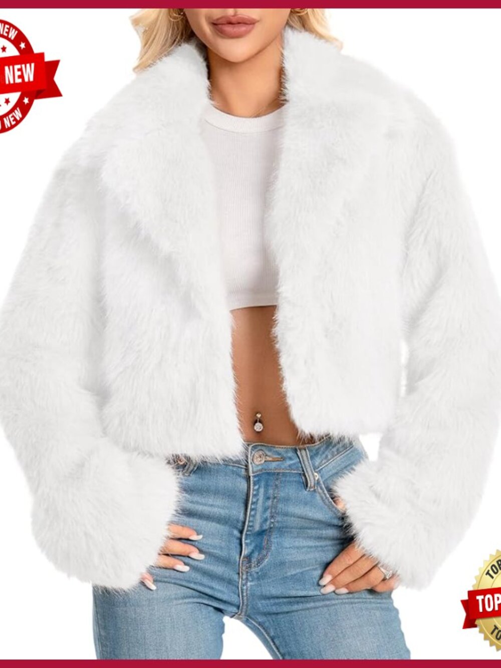 Plus Size Cropped Faux Fur Jacket Fluffy Winter Coat Long Sleeve